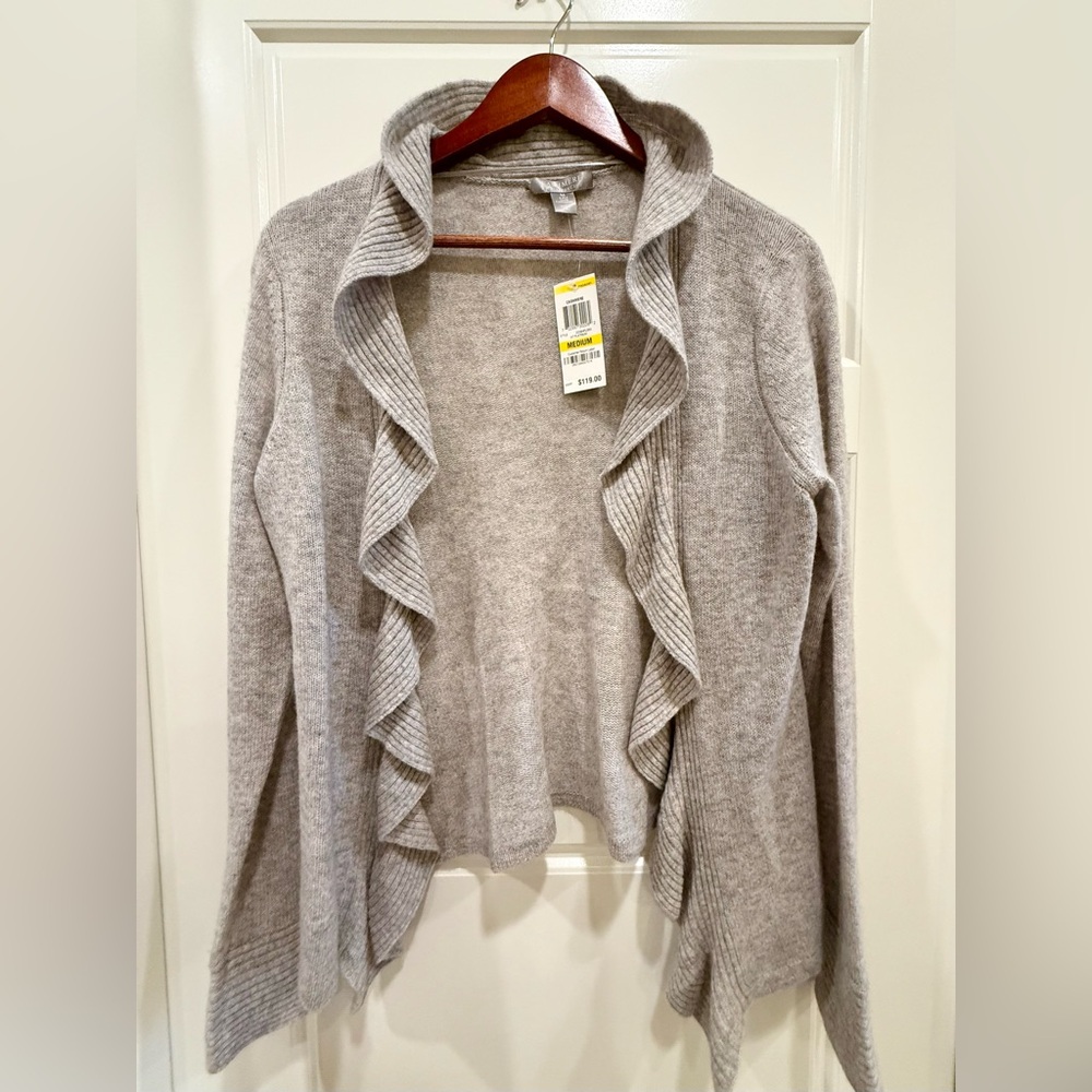 Charter Club Gray Ruffled 2 Ply 100% Cardigan Sweater